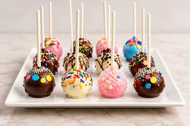 Tray of cake pops dipped in chocolate and dusted with sprinkles