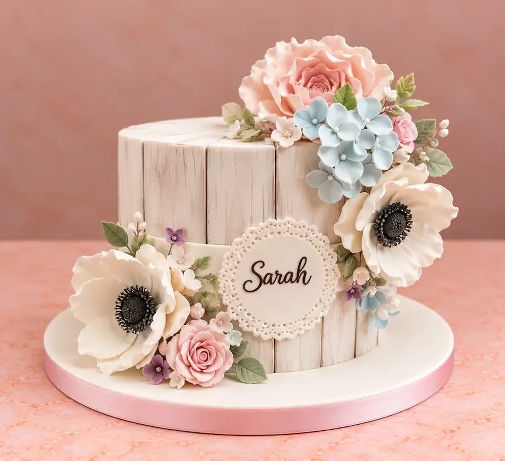 Baby shower #10: Wood texture with sugar flowers and a name plaque