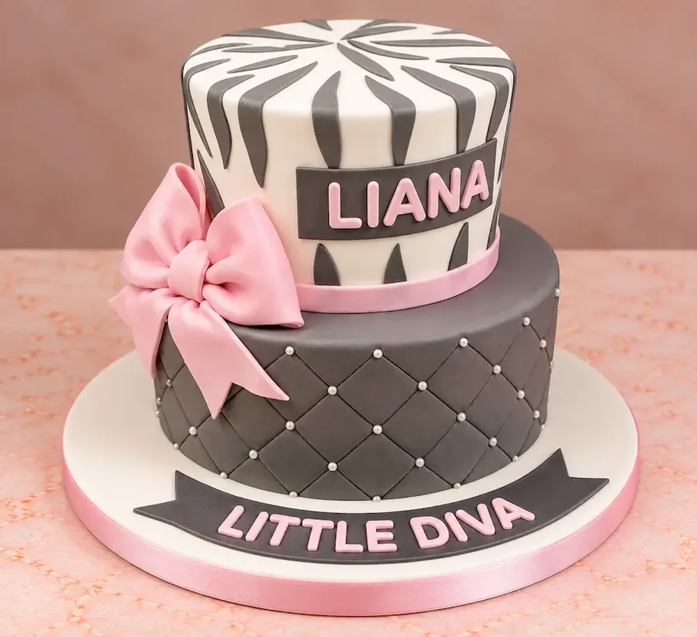 Baby shower #14: Zebra print with a pink bow and a name banner