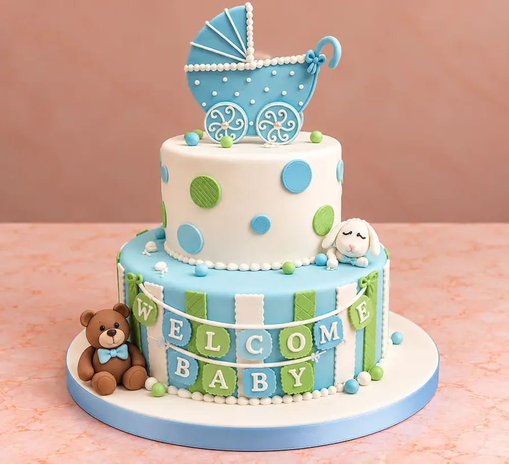 Baby shower #15: Welcome baby with a stroller, teddy and banner