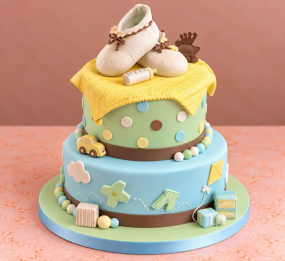 Baby shower #16: Baby shoes on a knit blanket with toys