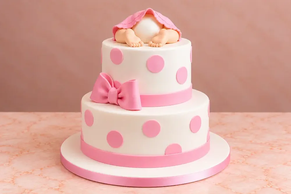 Baby under a blanket with polka dots and a bow