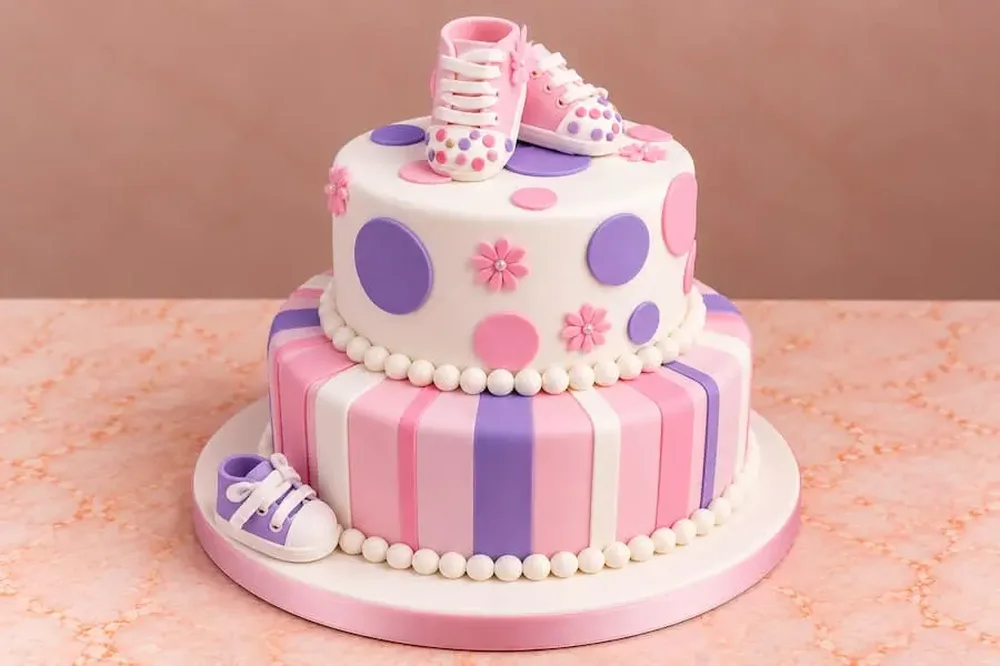 Baby shoes with stripes, dots and sugar flowers