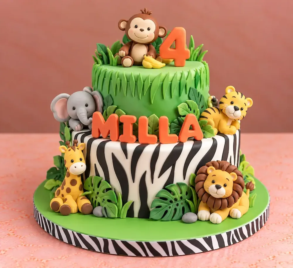 Jungle animals with the name in fondant letters