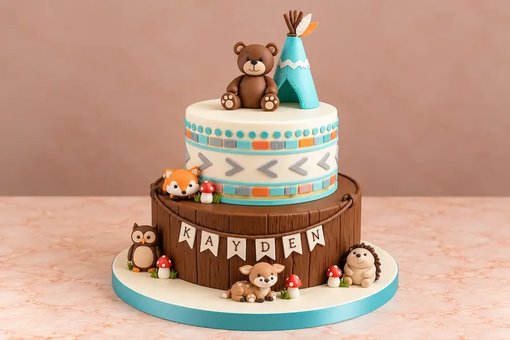 Baby shower #7: Woodland animals with the name on a banner