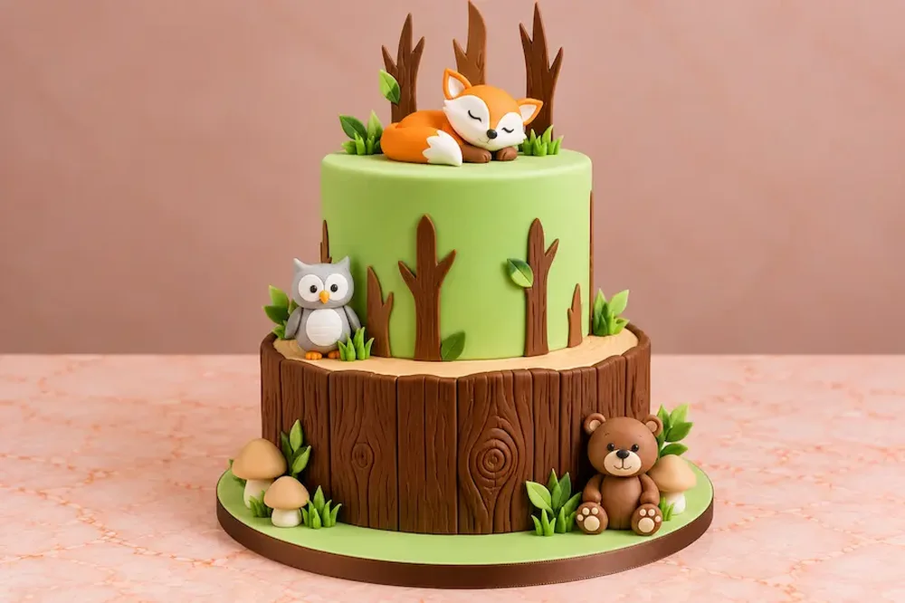 Baby shower #8: Forest tier with a fox, an owl and a bear
