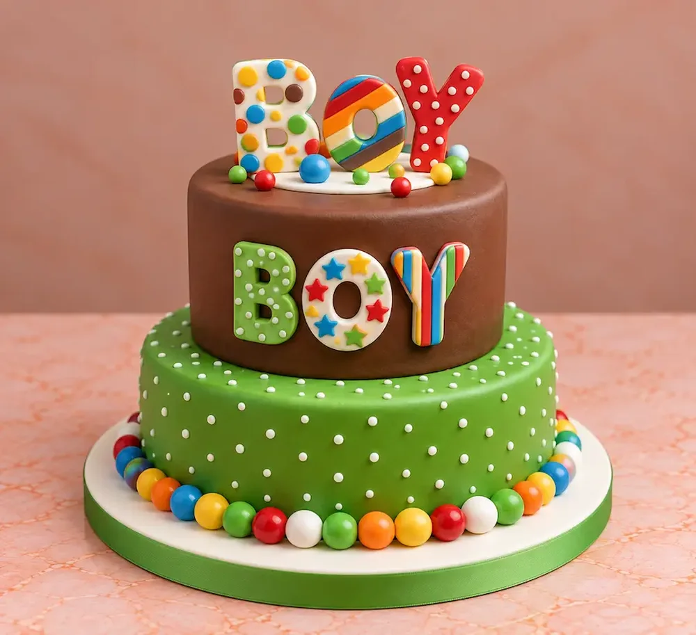 Baby shower #9: Chocolate and green tiers with candy and BOY letters
