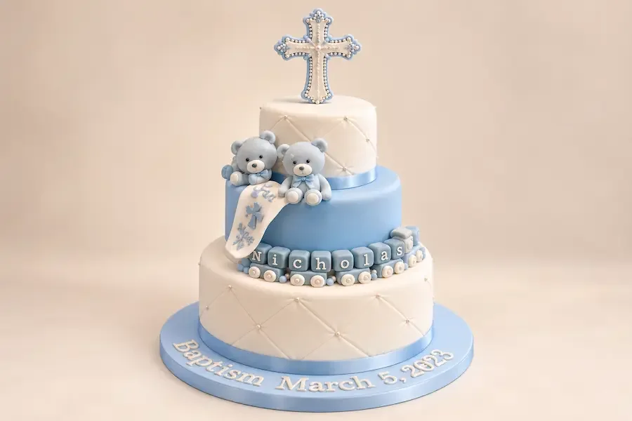 Three tiers in blue and ivory with teddies and name blocks