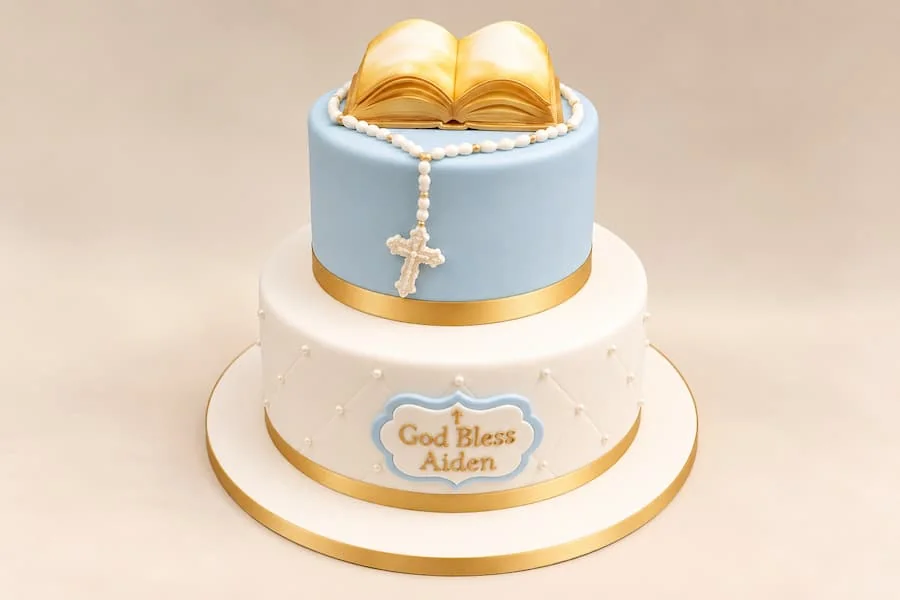 Open book and rosary over quilted fondant with gold trim