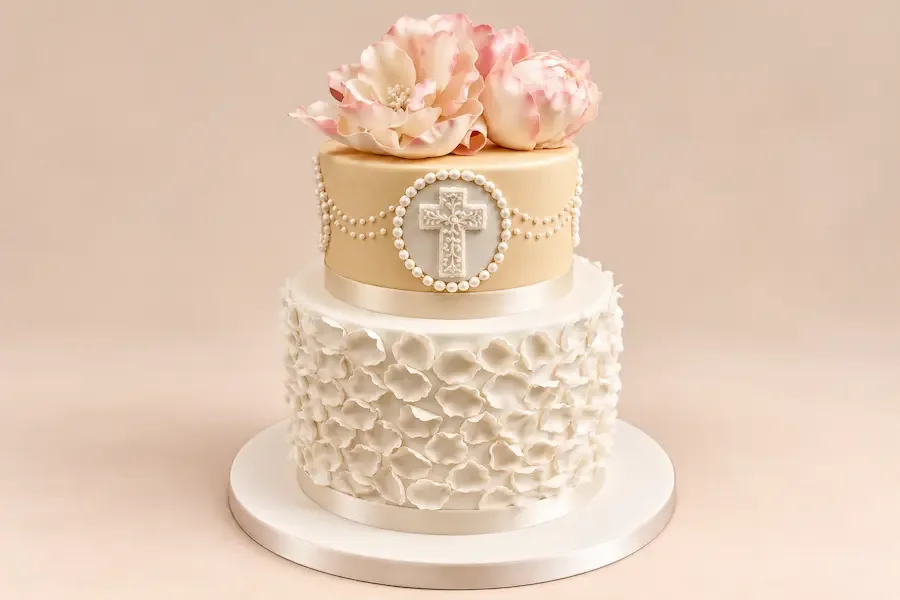 Ruffled petals with pearls, a cross medallion and sugar peonies