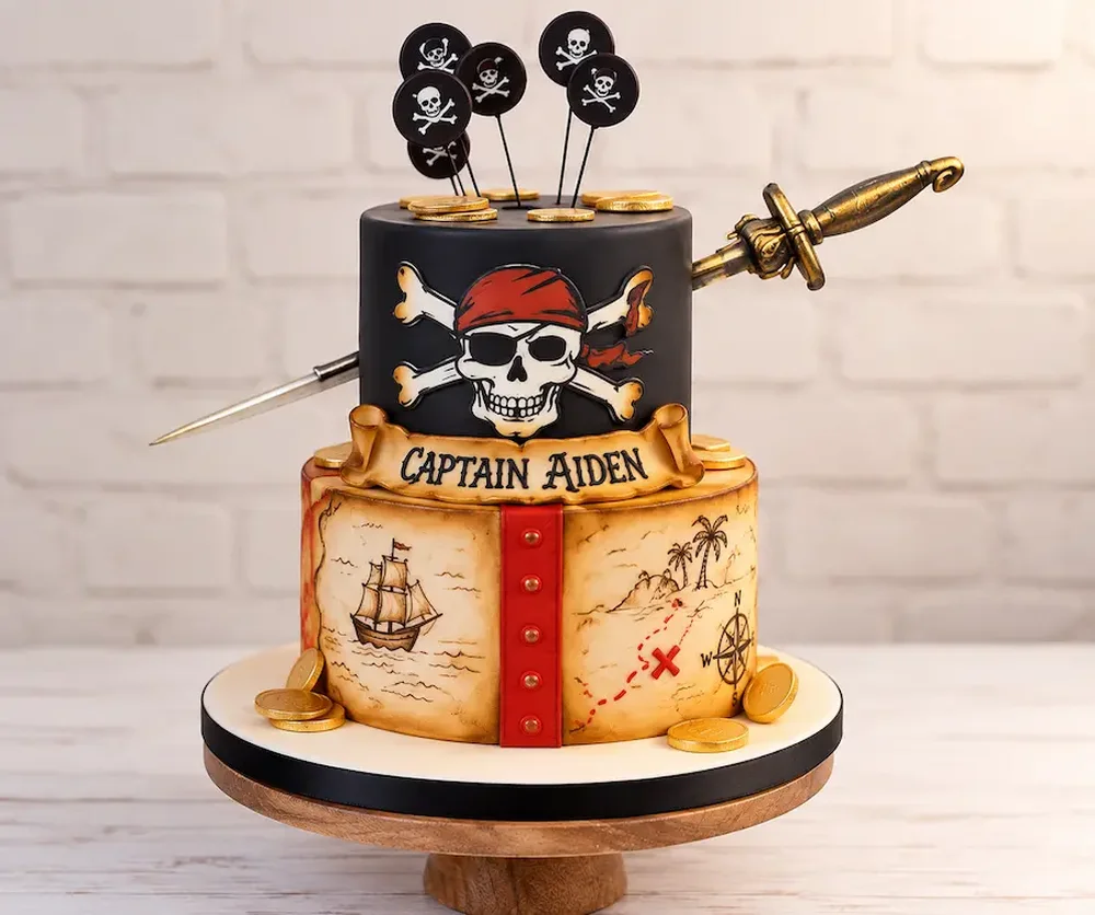 Pirate map with a skull, sword and gold coins