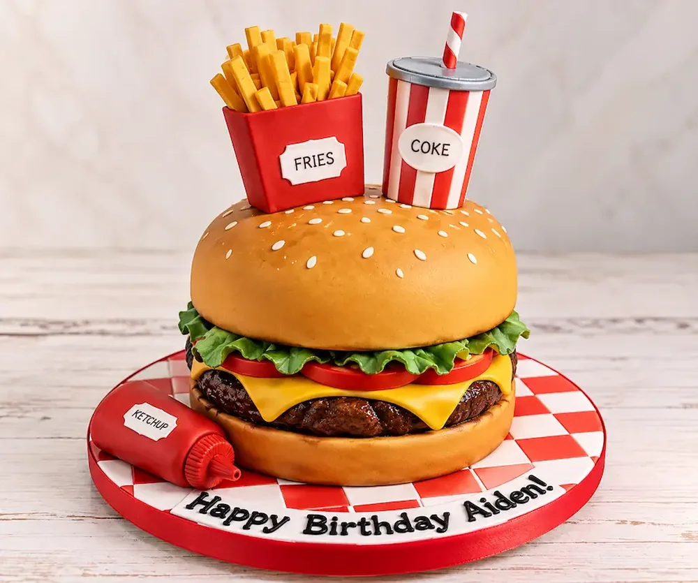 Sculpted burger with fries and a soda cup