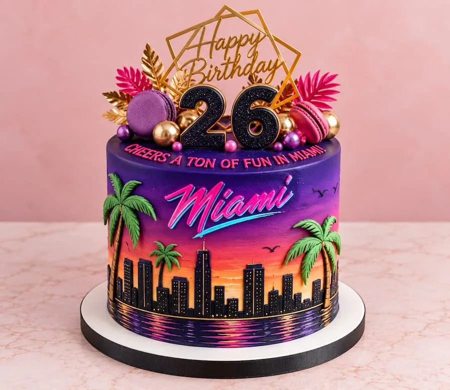 Neon city skyline at sunset with palm trees and a number topper