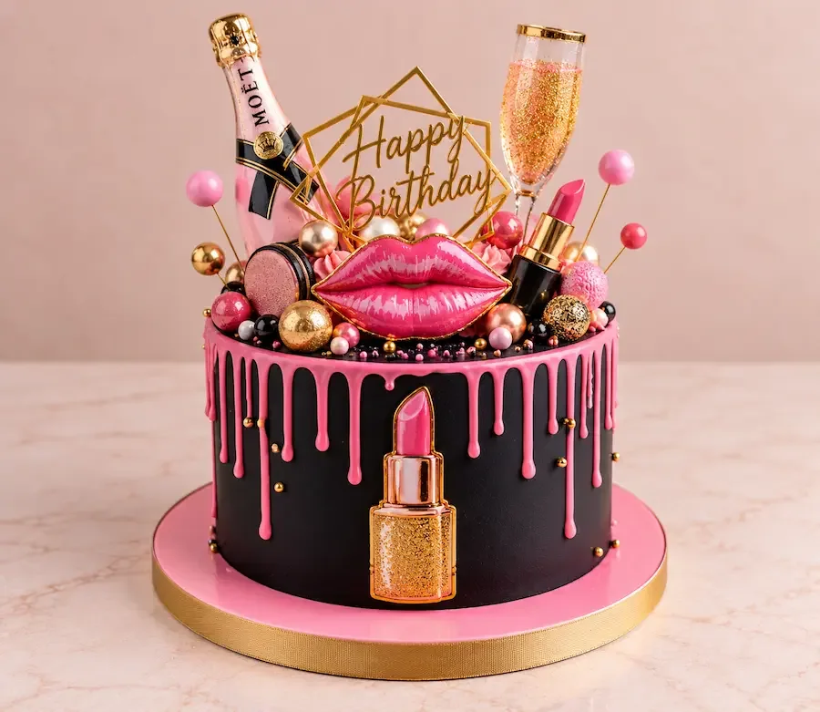 Black cake with a pink drip, lips, lipstick and a bottle topper