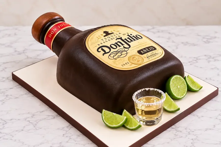Sculpted tequila bottle with lime wedges and a shot glass