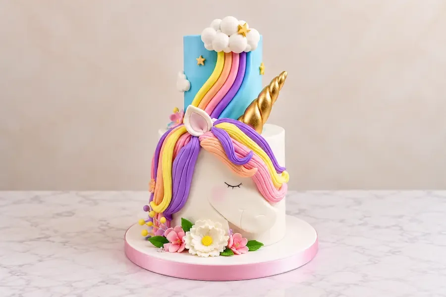 Unicorn with a rainbow mane and a gold horn