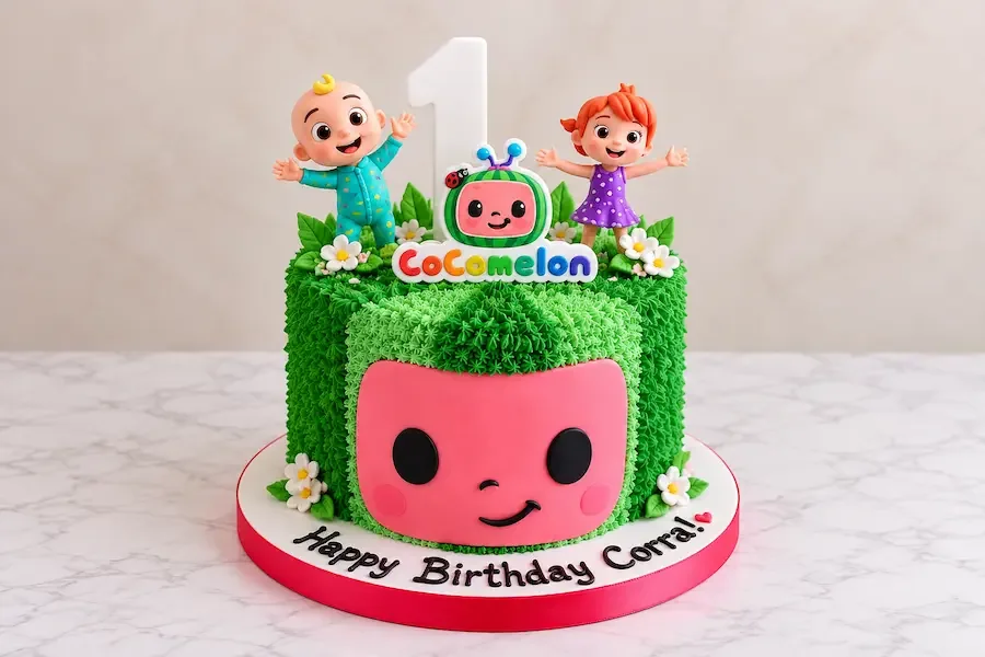 Grass buttercream with a watermelon face and toddler figures