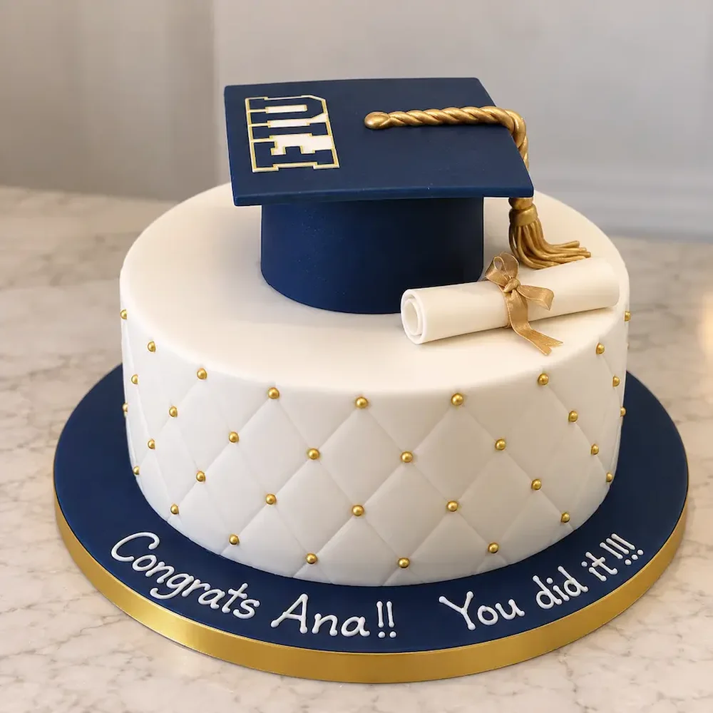 Cap and diploma over quilted fondant with the name on the board