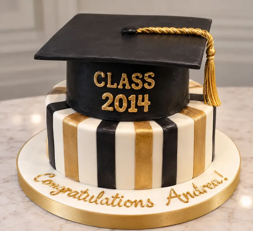 Graduation #13: Sculpted cap on a black and gold striped tier with the class year