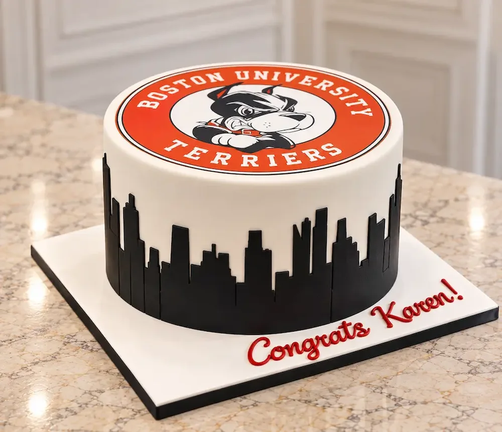 Graduation #17: The mascot on top with the city skyline cut by hand