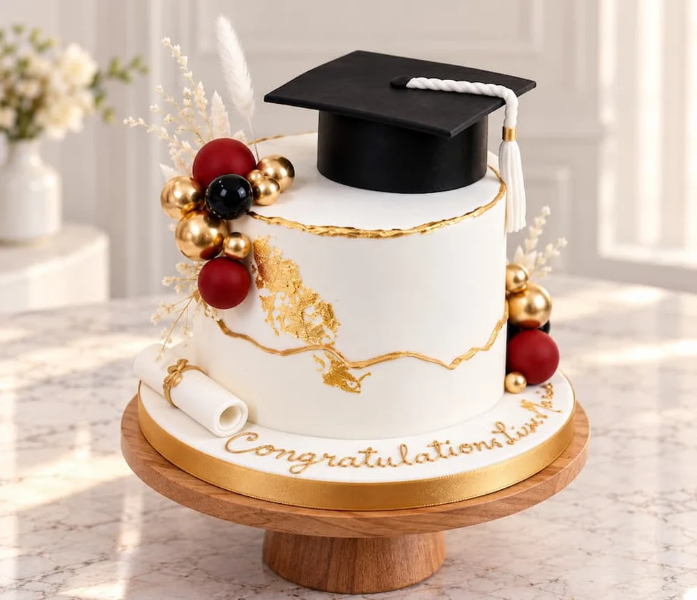 Graduation #20: Gold leaf finish with chocolate spheres, diploma and cap