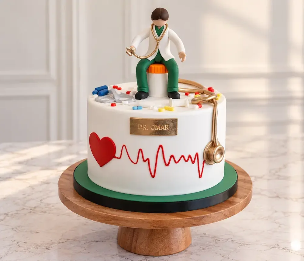 Graduation #22: A modeled figure with a stethoscope and a heartbeat line