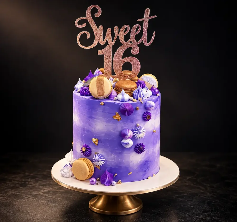 Watercolor buttercream with macarons, meringue kisses and gold leaf