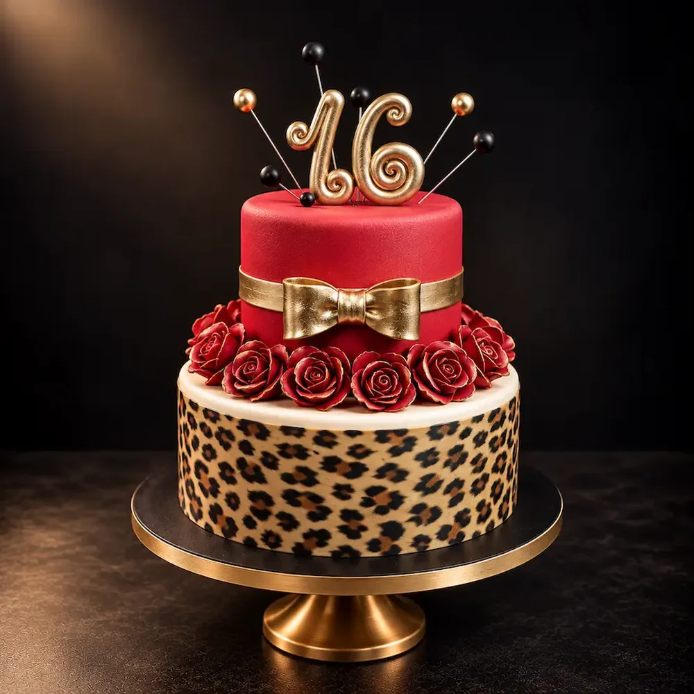 Bold color and animal print with roses and a gold fondant bow