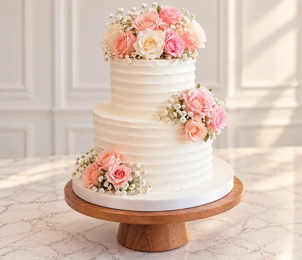 Textured buttercream with fresh roses and baby&rsquo;s breath