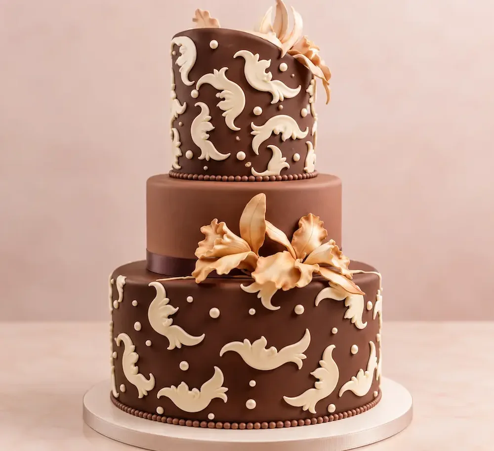 Wedding #10: Chocolate fondant with ivory scrollwork and gold orchids