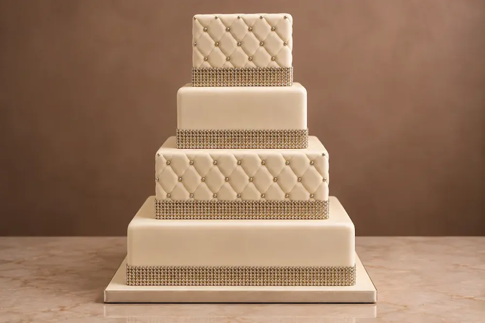 Wedding #13: Square tiers, quilted fondant and gold banding