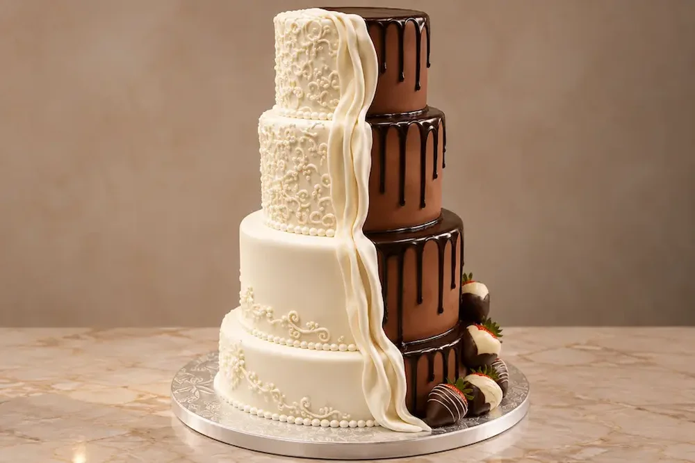 Wedding #14: Half lace, half chocolate drip with dipped strawberries