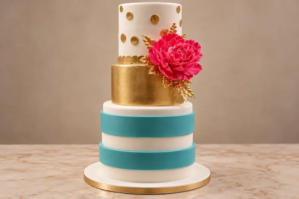 Wedding #15: Gold dots, teal bands and a fuchsia peony