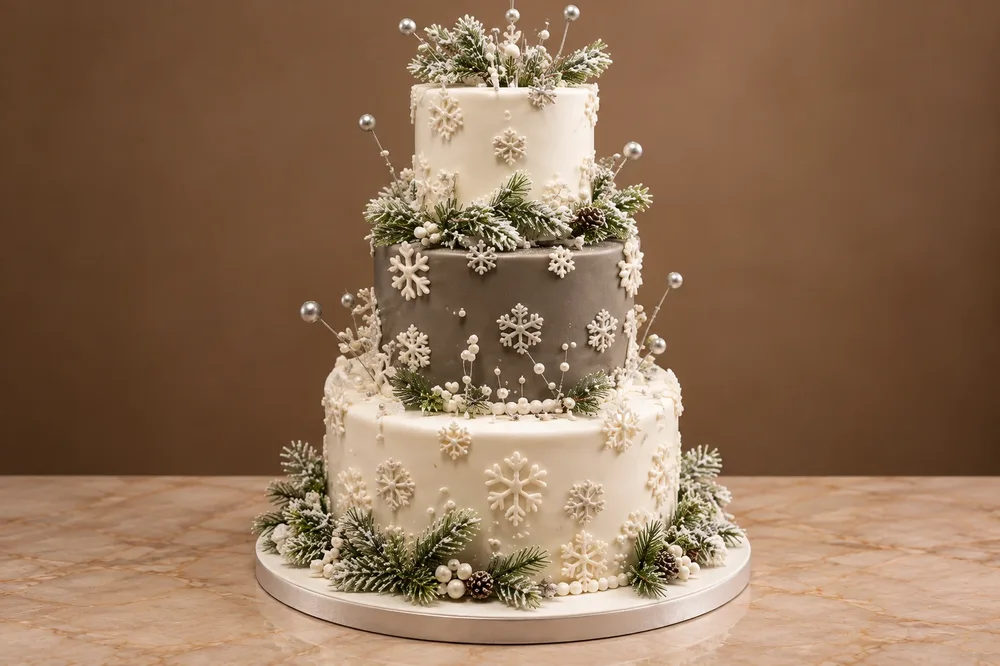Wedding #16: Snowflakes, frosted pine and silver picks