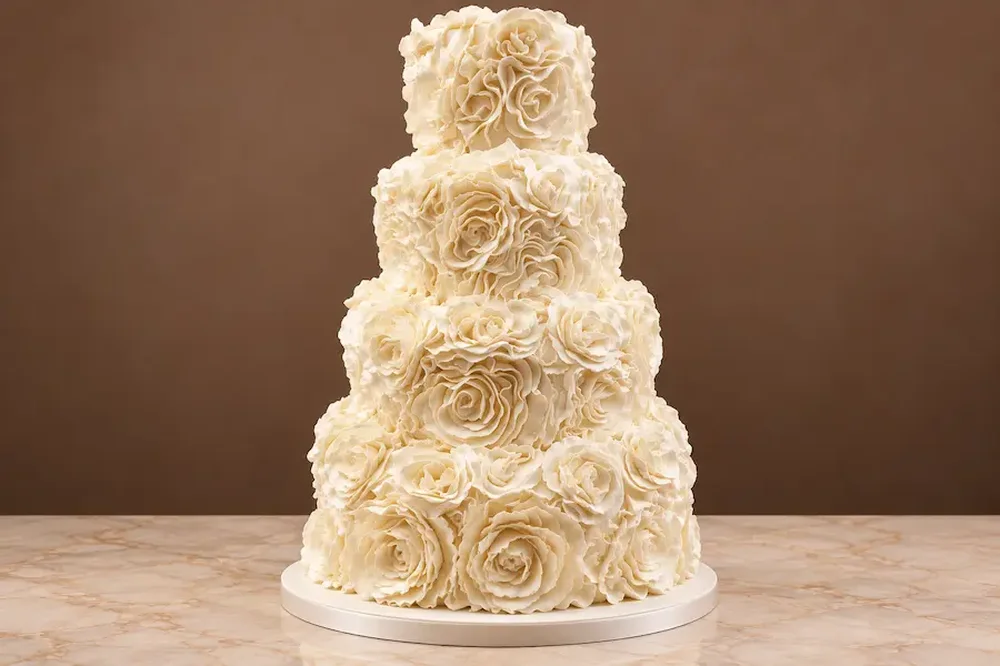 Wedding #17: Four tiers covered in ruffled sugar roses
