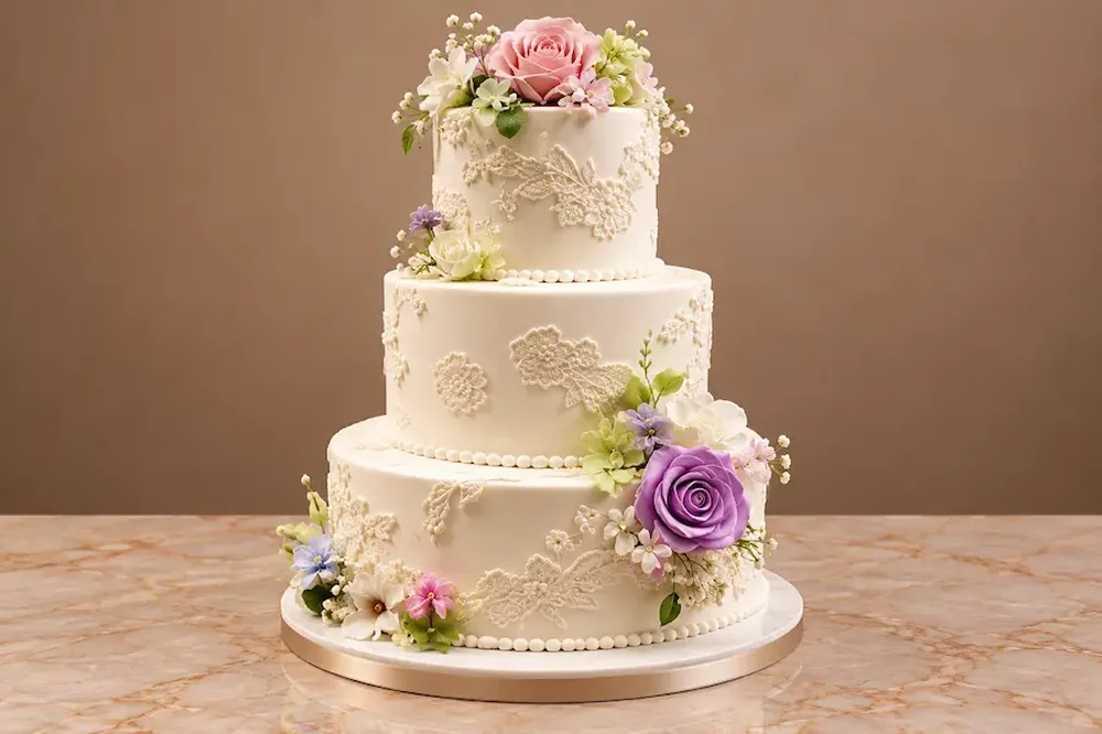 Wedding #20: Lace applique with a pastel sugar bouquet