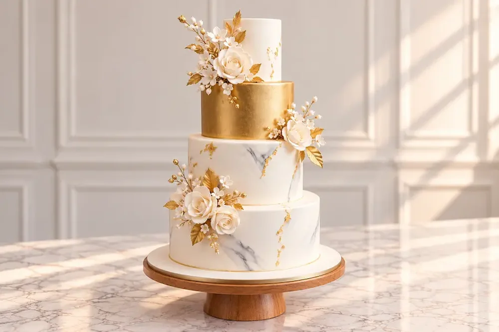 Wedding #21: Marble and gold leaf with hand-made sugar flowers