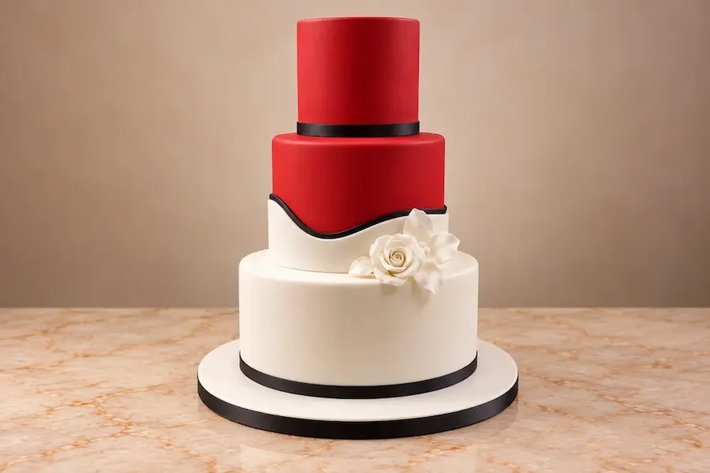 Wedding #22: Red, black and ivory with a sugar rose