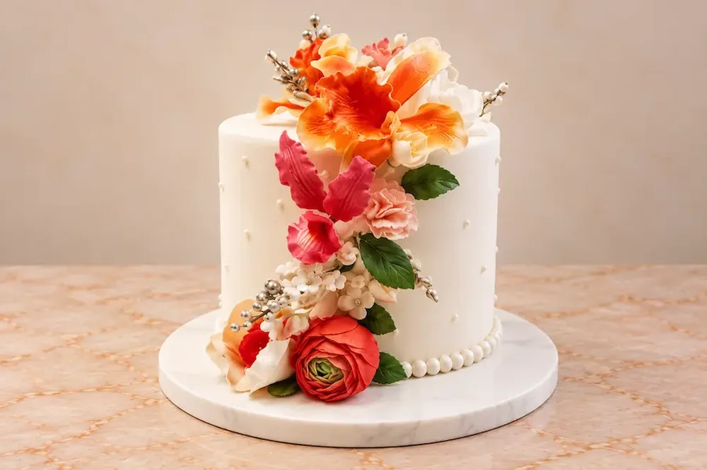 Wedding #24: One tier with a tropical sugar cascade