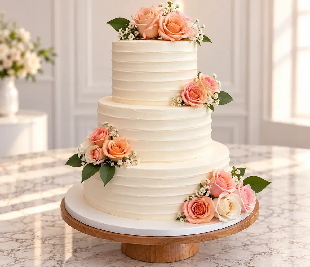 Three tier wedding cake with peach roses