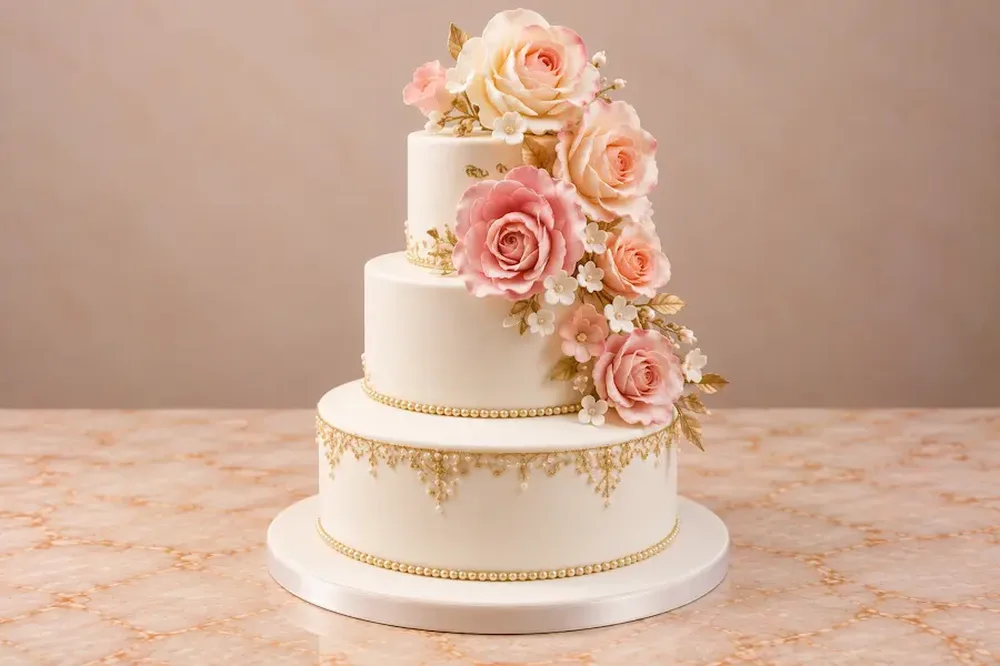 Wedding #26: Gold beading with blush sugar roses