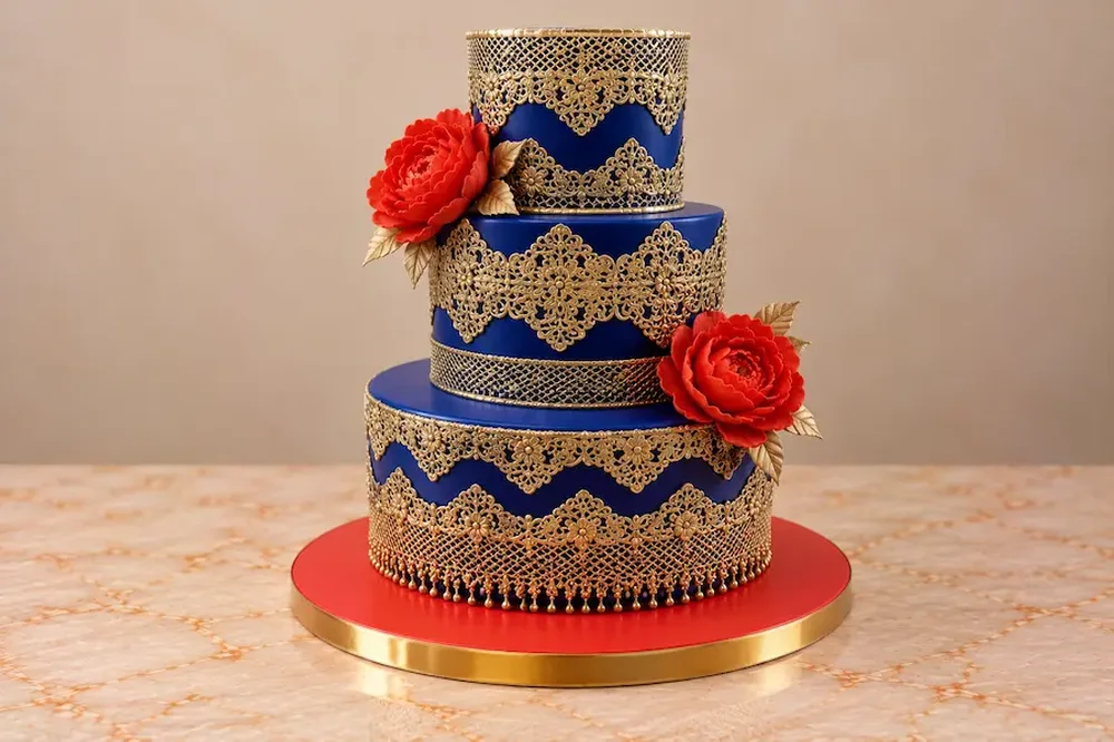 Wedding #27: Royal blue with gold lace and red peonies