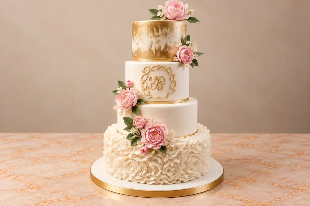 Wedding #29: Gold brushed tier with a piped monogram and ruffles