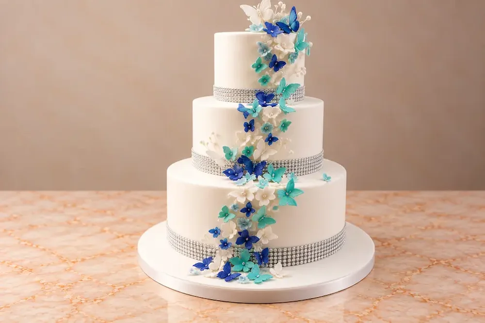 Wedding #30: Butterfly cascade in blues with crystal bands