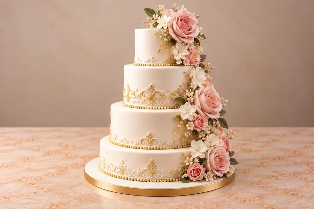 Wedding #31: Gold filigree with a cascade of blush roses