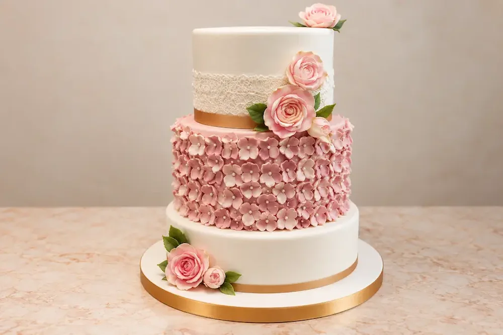 Wedding #33: Hydrangea petal tier with lace and sugar roses