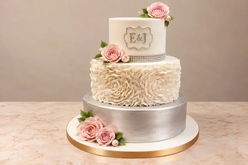 Wedding #34: Silver tier and ruffle roses with a monogram plaque