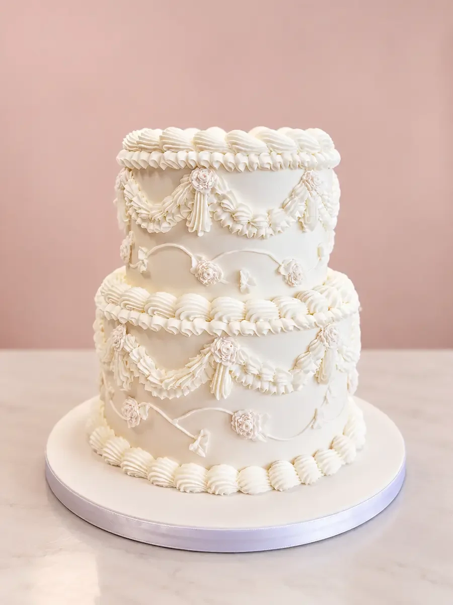 Wedding #36: Vintage piped buttercream with swags, shells and sugar roses
