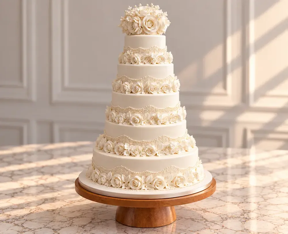 Wedding #7: Six tiers with sugar roses and lace piping