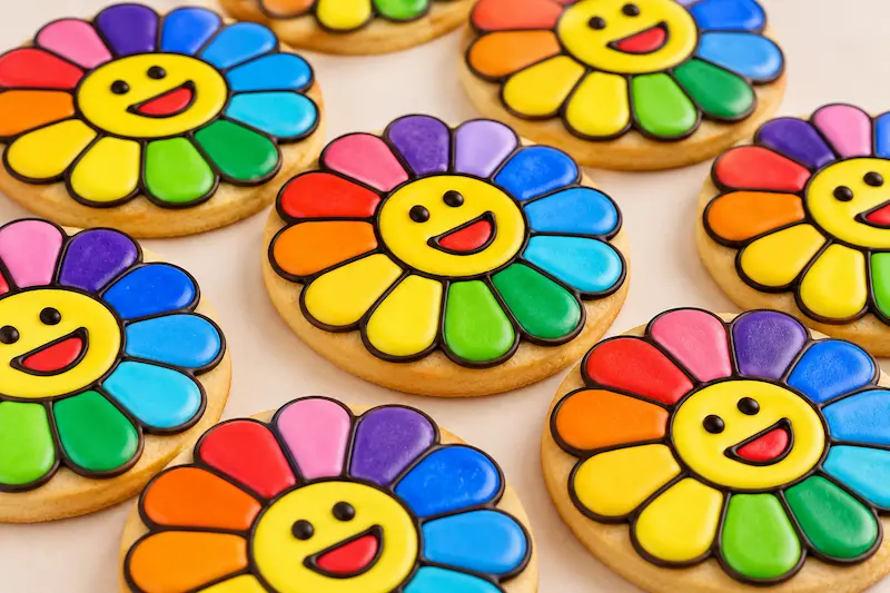 Sugar cookies iced as rainbow flowers with smiling faces